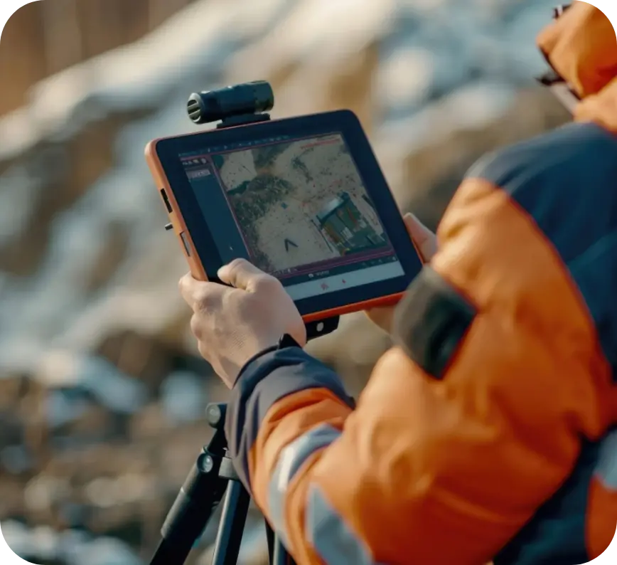 Profesional de topografía revisando datos geoespaciales en una tableta durante el trabajo de campo